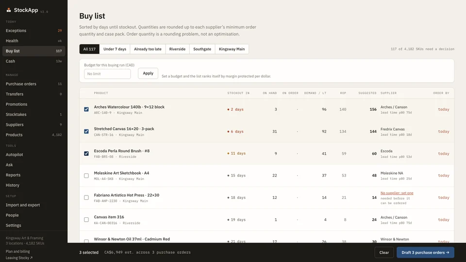 StockApp: The buy list, with three purchase orders ready to draft