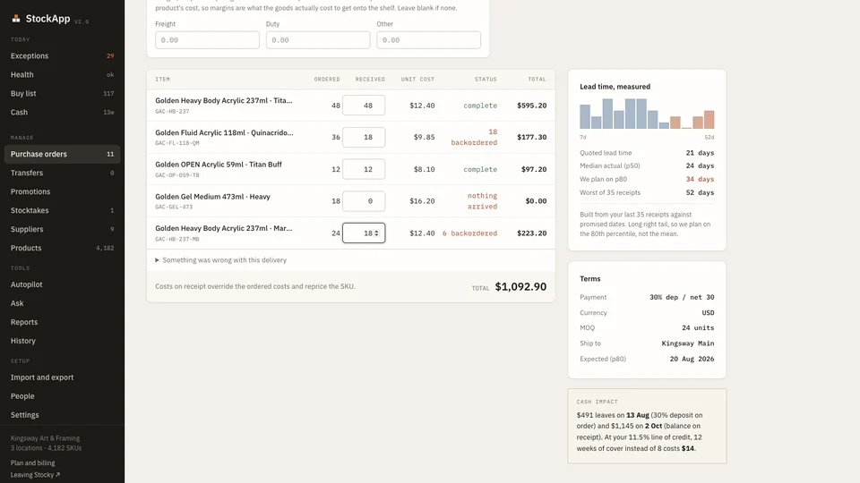 StockApp: Receiving a delivery that arrived short
